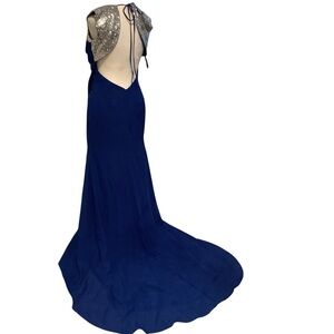Stunning BRAND NEW Navy Maxi Dress with Train & Silver Detailing Size 8-10